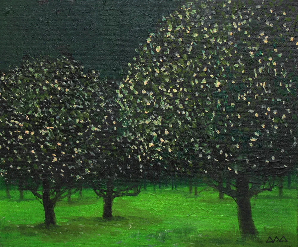 Картина «ЯБЛОНИ В ЦВЕТУ». Техника: холст на картоне, масло. Размер: 25×35 см. Год: 2019.